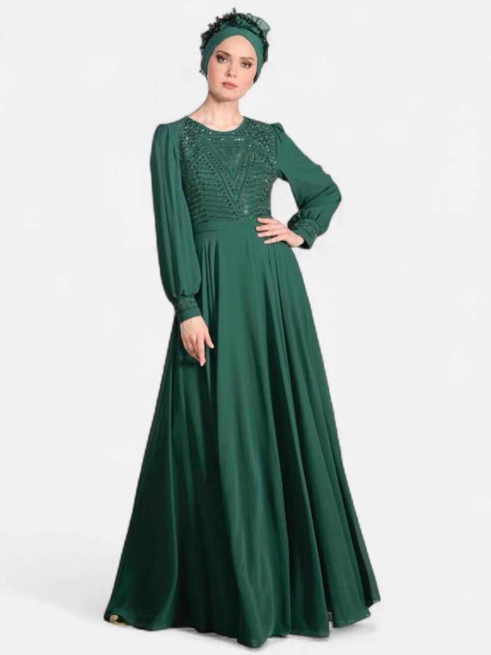 Elegant Forest Green Women’s Modest Evening Dress W/ HeadWrap (Size L)